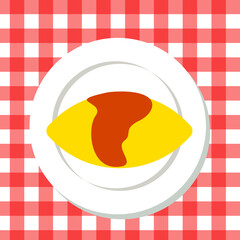 ギンガムチェックの背景とオムライスのフラットイラスト