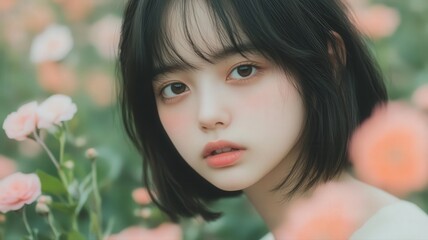 Naklejka premium Close Up Portrait of Young Woman with Short Black Hair and Peach Blush Among Pink Roses