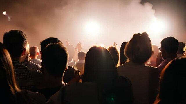 Silhouettes of concert goers against bright lights forming a heart shape with their hands. Crowd moving on from watching the performance. Emotional music event with fans.