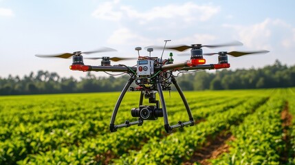 A modern black quadcopter drone equipped with a camera soars over a lush green field on a bright day, captu aerial views of agricultural land for analysis.