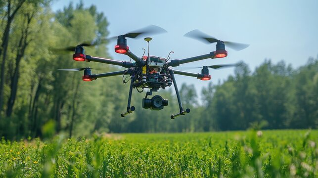 A high-tech drone with multiple rotors hovers above a lush green field with trees in the background, ready for aerial photography or data collection work now.