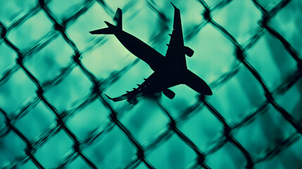 Abstract Airplane Silhouette Behind a Fence on an Artistic Cyan Background