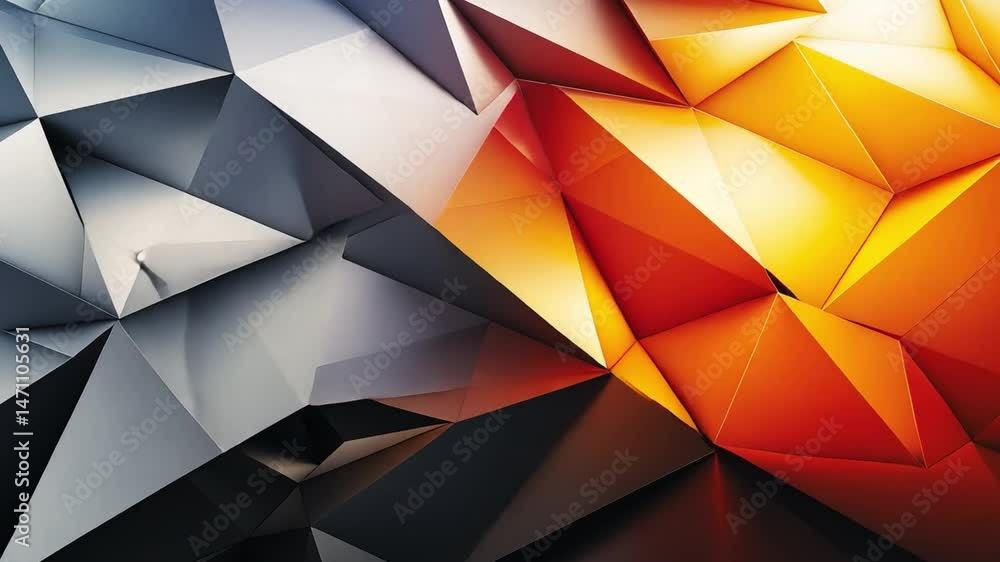 Poster striking modern abstract design with dynamic angular shapes in silver and orange, showcasing geometr