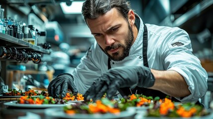 A focused male chef wea black gloves meticulously arranges colorful salads on plates in a professional restaurant kitchen environment with metal shelving.