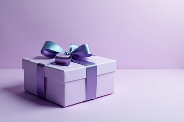 A delicately tied lavender and periwinkle ribbon adorns a light purple gift box, perfectly positioned against a soft lilac backdrop.
