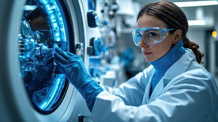 A focused female scientist in protective eyewear meticulously adjusts advanced laboratory equipment illuminated by blue light, conducting research in a sterile environment.