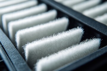 Close-up of a filter with multiple white, fibrous filter elements neatly arranged in a dark frame