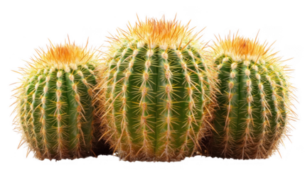 Three Golden Barrel Cacti clustered together on PNG transparent background