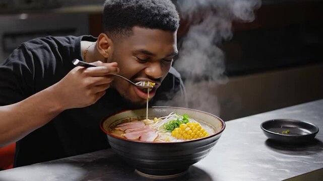 Man eating ramen noodles from a bowl close up