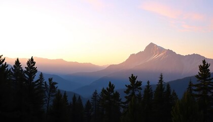 Obraz premium Panoramic view of majestic mountain silhouettes at dawn, pine forest in foreground, art, wilderness