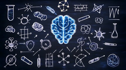 A blue brain sits in the center of a chalkboard surrounded by white chalk drawings representing science and ideas