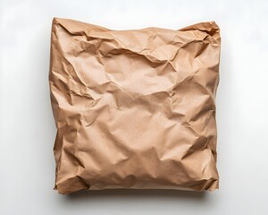 A brown paper bag, crumpled and unfolded, sits on a plain white background
