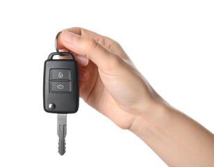 hand holding car remote key on white background png