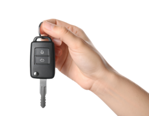 hand holding car remote key on white background png