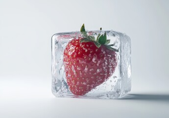 Frozen strawberry in an ice cube
