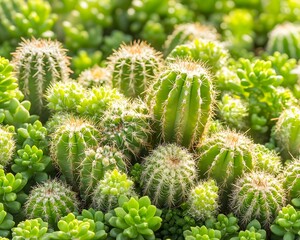 A close-up view of a cluster of green cacti, some with white spines, growing amongst smaller succulent plants, bathed in warm sunlight
