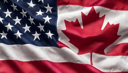 A close-up shot of an American flag and a Canadian flag side-by-side, both flags are slightly waving