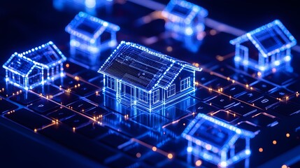 A cluster of digital houses rendered as glowing wireframes sit on a keyboard, representing the concept of online real estate and the digitalization of property