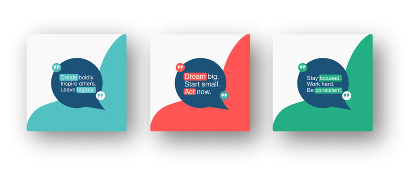 A set of modern minimalist social media quote post templates with motivational short text. Perfect for Instagram, business inspiration, and branding.