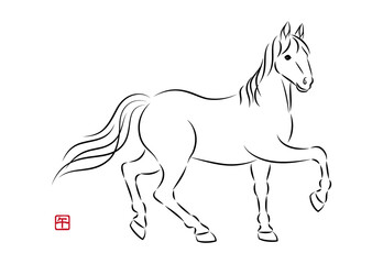 歩いている美しい白馬のイラスト 墨絵風でお洒落な午年の年賀状素材