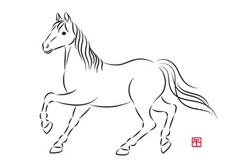 軽く走っている美しい白馬のイラスト 墨絵風でお洒落な午年の年賀状素材