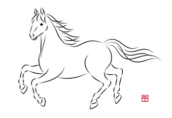 走っている美しい白馬のイラスト 墨絵風でお洒落な午年の年賀状素材
