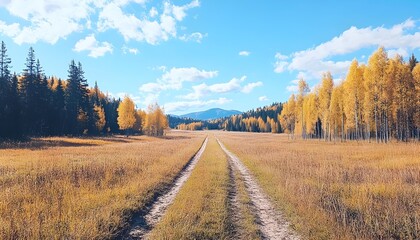 Fototapeta premium A dirt road winds through a field of golden grass towards a distant mountain range, with a forest on either side