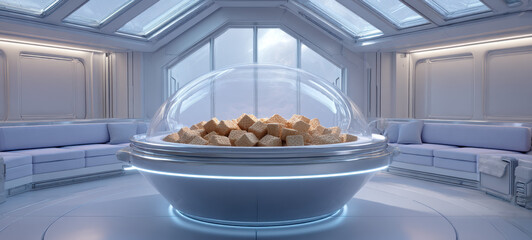 Futuristic room with modern seating and central transparent dome filled with cube shaped objects, bright and clean design