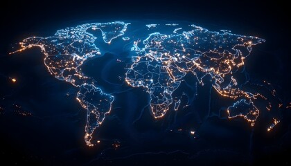 A glowing blue and orange outline of the world map with illuminated cities, against a dark blue background