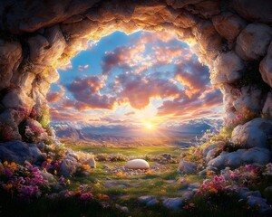 A majestic sunrise over a mountainous landscape, framed by a stone archway and vibrant flowers, with a single egg nestled in the grass