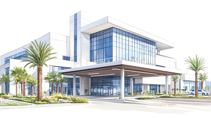 Obraz premium A modern, sleek, and spacious hospital building with a large glass facade and palm trees surrounding the entrance