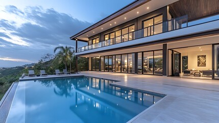 Obraz premium A modern, two-story house with a large pool overlooking a valley at dusk