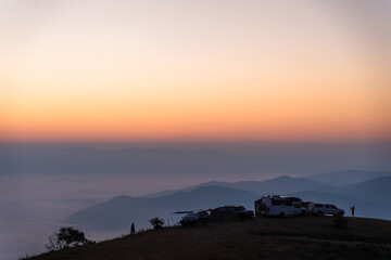 Beautiful scenery of the sea of mist in the morning at the Car Camping site with a viewpoint nature...