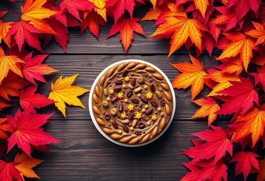Rustic wooden background framed by vibrant autumn maple leaves, featuring a delicious cake in the center, Thanksgiving, red leaves
