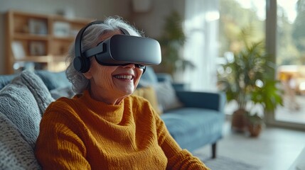 Smiling senior woman with gray hair wea VR headset and headphones enjoys immersive virtual reality experience while sitting on sofa in her bright living room.