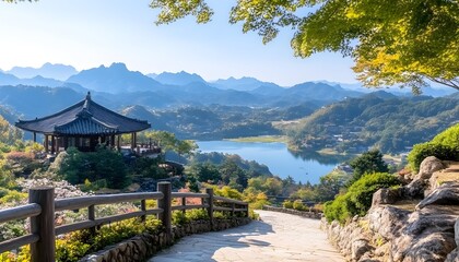 A scenic view of a traditional pavilion overlooking a tranquil lake and a mountain range in the distance, with a path leading towards the structure