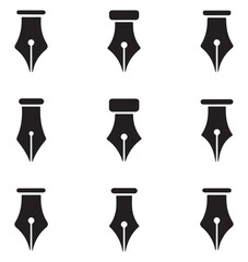  Collection of Various Pen Designs, Black Ink Pens, Different Types of Pens, Stationery Icons, Writing Tools Collection