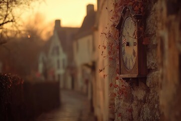 Rustic village clock at dawn
