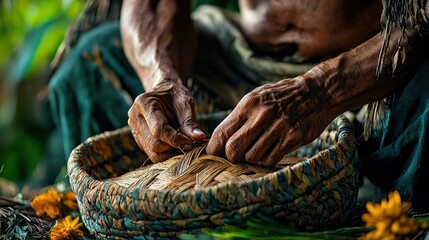 An indigenous person meticulously weaves a traditional basket from natural materials, showcasing their craftsmanship and preserving cultural heritage in lush surroundings.
