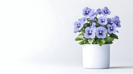 A white pot with a cluster of purple pansies on a white background