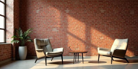 Sunlight streams through a window illuminating two modern armchairs and a small coffee table against a textured brick wall, creating a calm and inviting interior scene.