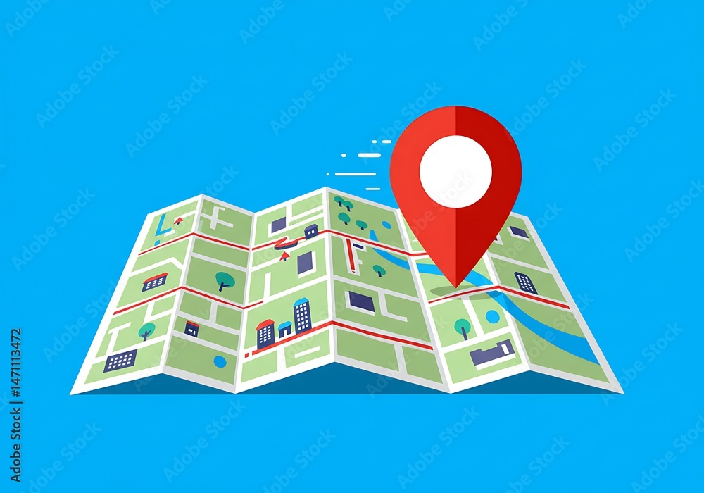 Poster folded map with a location marker on a bright background.
