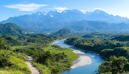 Naklejka premium A winding river flows through a valley, with majestic mountains in the distance and lush green hills in the foreground