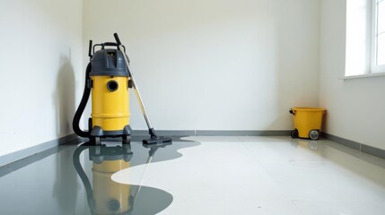 A yellow canister vacuum cleaner and floor cleaning equipment sits in a corner of a room with a freshly mopped floor