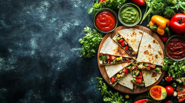 Assortment of delicious quesadillas with various toppings.