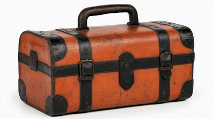 Vintage Orange Suitcase with Black Metal Accents on White Background