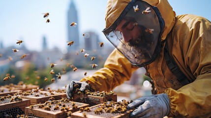 A beekeeper in protective gear tending to his beehives on a rooftop with bees flying around and a city skyline in the background on a sunny day.