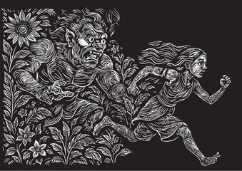 Timun Mas and Buto Ijo Vector Illustration – Javanese Folklore Escape Scene