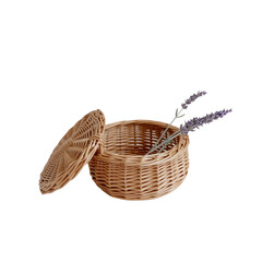 Small round wicker basket looks delicate, with hinged lid [Transparent Background PNG]