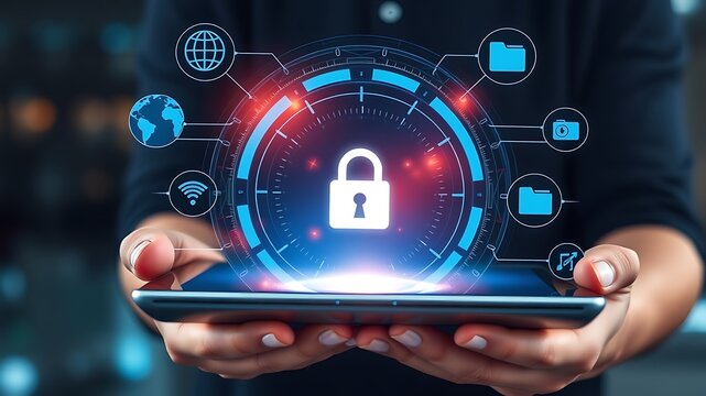 Secure digital technology concept displaying global network security with padlock icon representing data protection